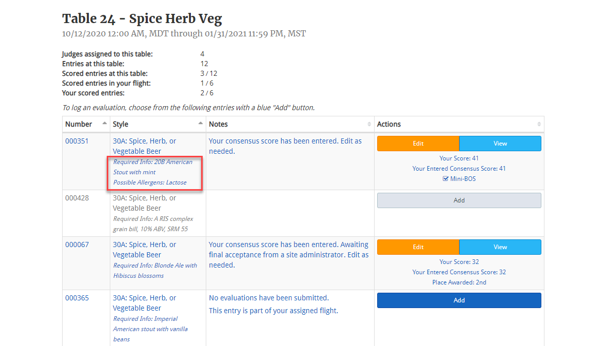 Allergens and Entry Details on Judging Dashboard