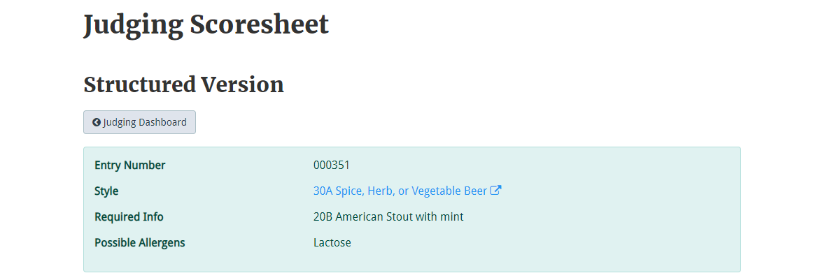 Allergens and Entry Details on Scoresheet